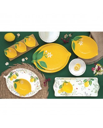 Set 3 boluri din portelan cu suport din lemn, Fleurs Citrons - SIMONA'S COOKSHOP